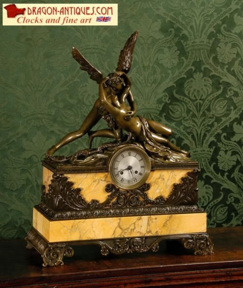 **** Sold **** Fine Early Bronze and Sienna Marble Clock -  Cupid and Psyche by Honoré Pons.